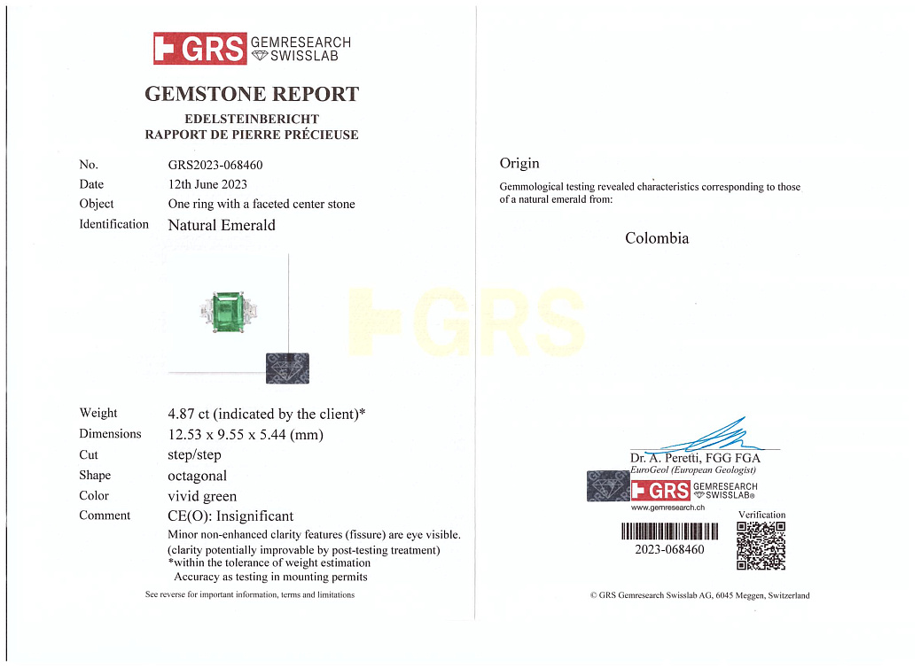 Украшение GRS GemResearch Swisslab  Кольцо с изумрудом 4,87 ct. Vivid Green (Colombia)   