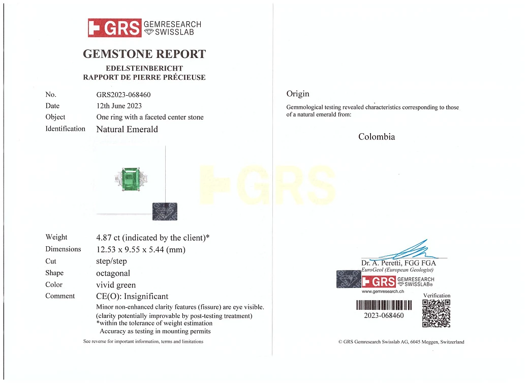 Украшение GRS GemResearch Swisslab  Кольцо с изумрудом 4,87 ct. Vivid Green (Colombia)   