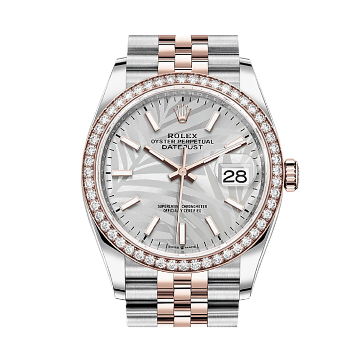 Часы Rolex  Datejust 36 Rose Gold/Steel Silver Palm Motif Dial Diamond Bezel Jubilee Bracelet  126281RBR