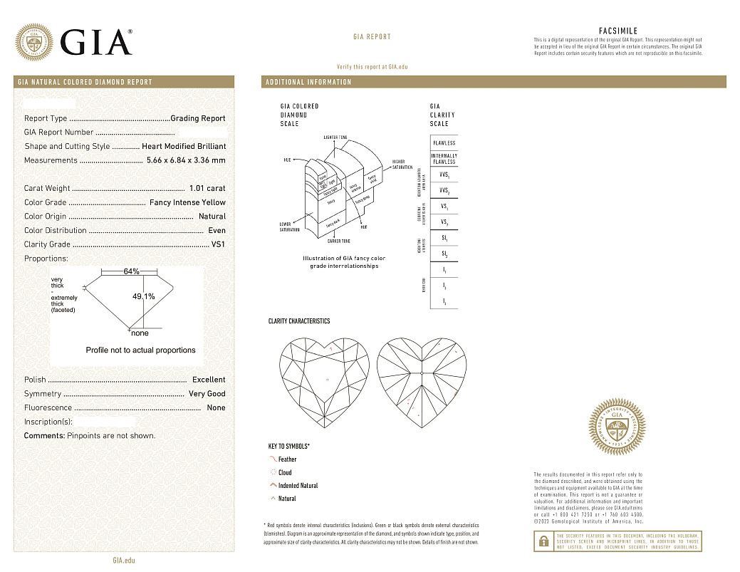 Украшение NO NAME  Серьги 1,01/1,02 ct. Fancy Intense Yellow/VVS2-VS1 Heart Diamonds   