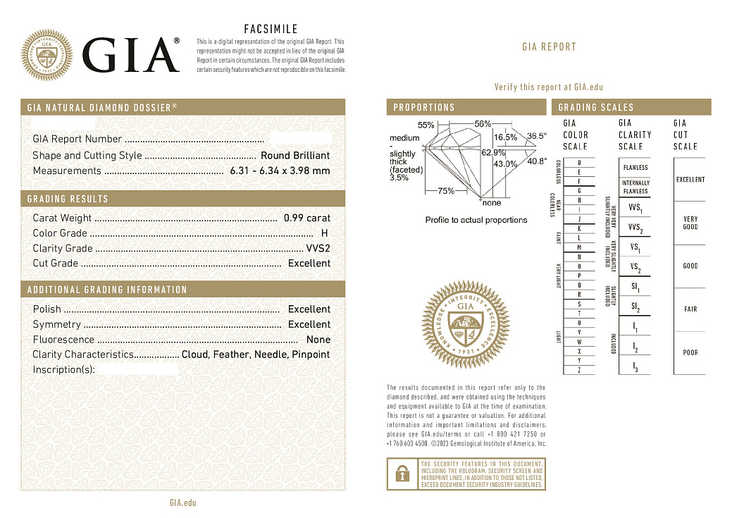 Украшение GIA  Кольцо 0,99 ct. H/VVS2 &quot;Lucky Number&quot; (3 Excellent)   