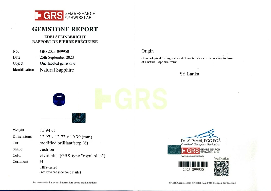 Украшение GRS GemResearch Swisslab  Кольцо с сапфиром 15,94 ct. "Royal Blue"   