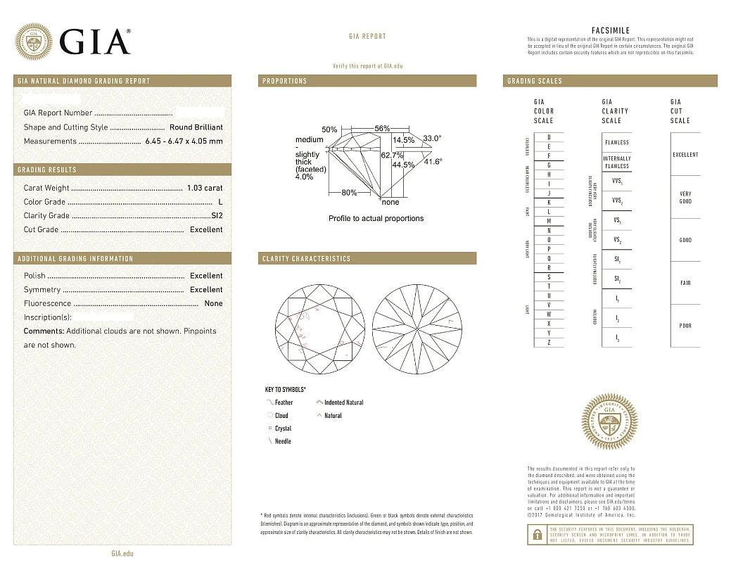 Украшение GIA  Кольцо 1,03 ct. L/Si2 (3 Excellent) "Round Diamond"   
