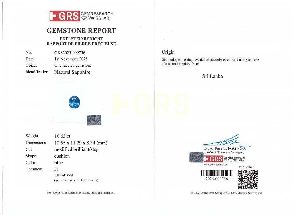 Украшение GRS GemResearch Swisslab  Кольцо с сапфиром 10,63 сt. "Blue"   