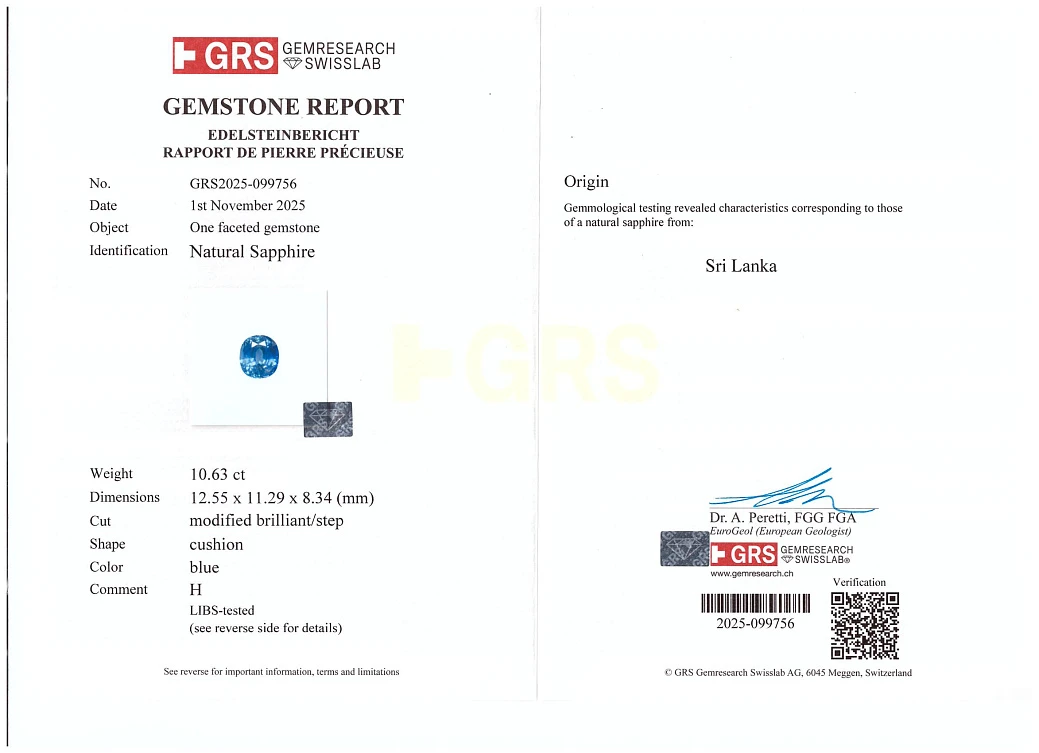 Украшение GRS GemResearch Swisslab  Кольцо с сапфиром 10,63 сt. "Blue"   