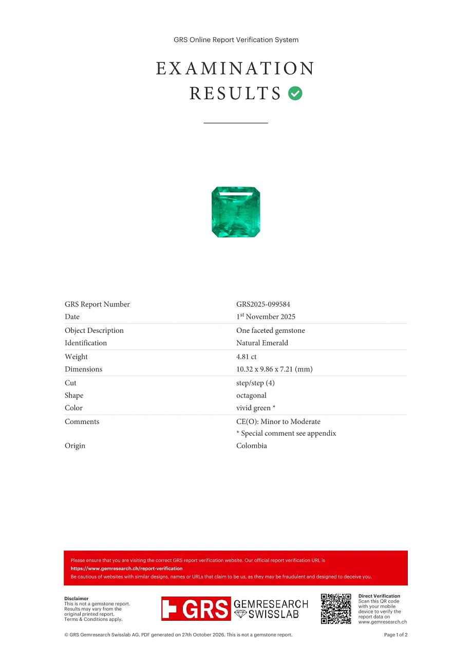 Украшение GRS GemResearch Swisslab  Кольцо с изумрудом 4,81 ct. "Muzo Green" Colombia   