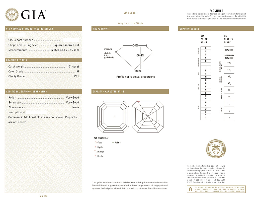 Украшение GIA  Серьги 1,00/1,01 ct. G/VS1 (Asscher Diamonds)   