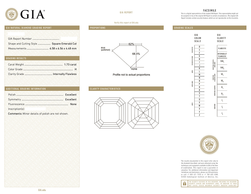 Украшение GIA  Кольцо с бриллиантом 1,73 ct. H/Internally Flawless (Asscher cut)   