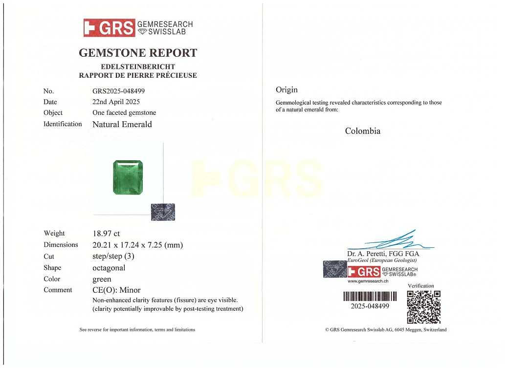 Украшение GRS GemResearch Swisslab  Кольцо с изумрудом 18,97 ct. (Colombia)   