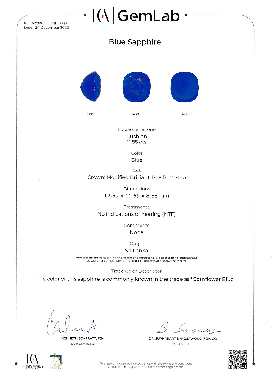 Украшение GRS GemResearch Swisslab  Кольцо с сапфиром 11,86 ct. "Intense Cornflower"   