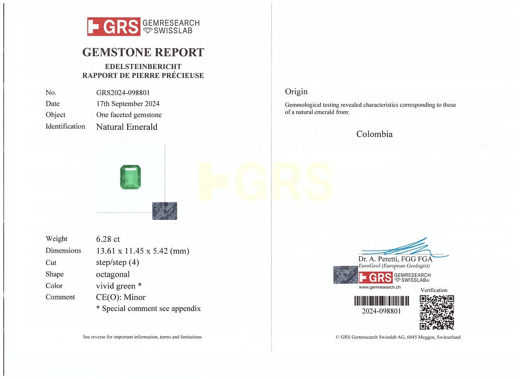 Украшение GRS GemResearch Swisslab  Кольцо с изумрудом 6,28 ct. (Colombia) Vivid Green   