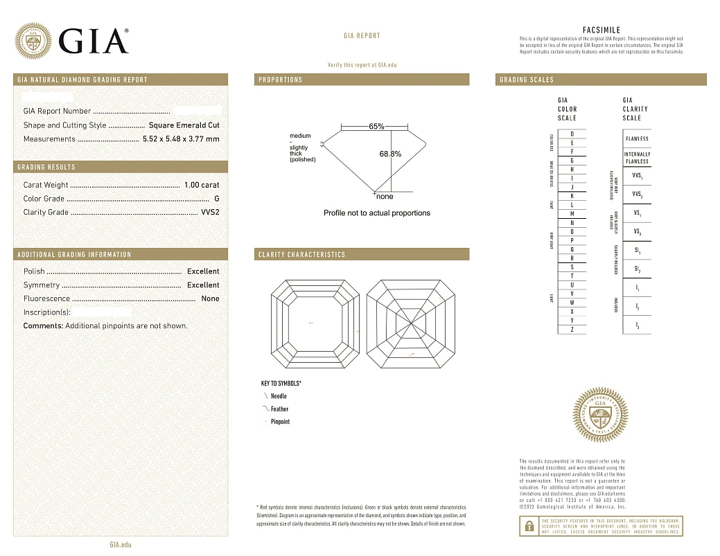 Украшение GIA  Серьги 1,00/1,01 ct. G/VVS2 (Asscher Cut)   