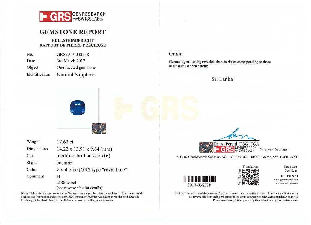 Украшение GRS GemResearch Swisslab  Кольцо с сапфиром 17,62 сt. "Royal Blue"   