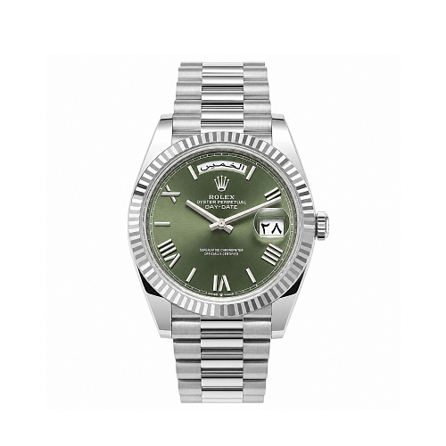 OYSTER PERPETUAL WHITE GOLD DAY-DATE OLIVE DIAL ARABIC DATE