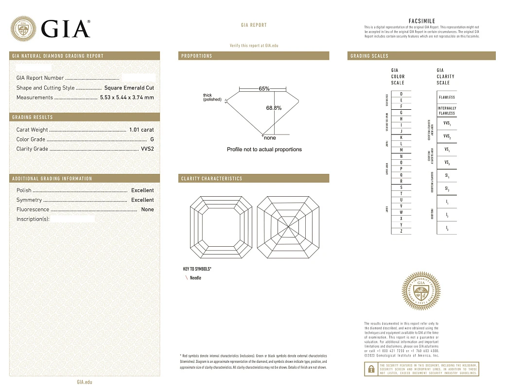 Украшение GIA  Серьги 1,00/1,01 ct. G/VVS2 (Asscher Cut)   