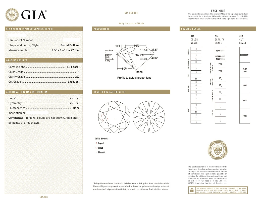 Украшение GIA  Кольцо с бриллиантом 1,71 ct. H/VS2 (3 Excellent)   