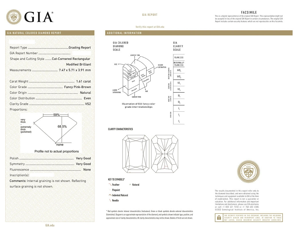 Украшение GIA  Кольцо с бриллиантом 1,61 ct. Fancy Pink-Brown/VS2   