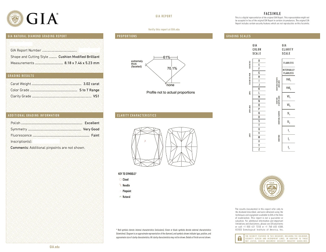 Украшение GIA  Кольцо 3,02 ct. S to T Range/Vs1 "Cushion Diamond"   