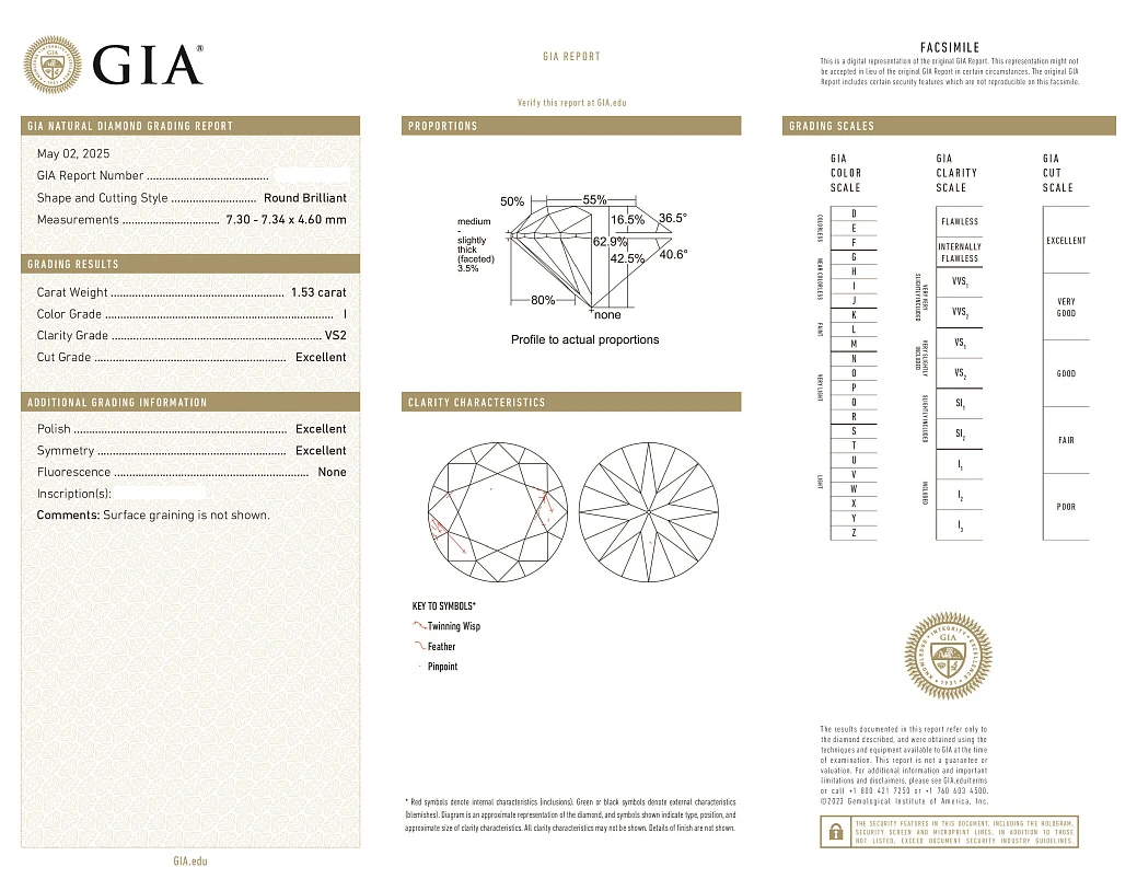 Украшение GIA  Кольцо 1,53 ct. I/VS2 (3 Excellent) Round Diamond   
