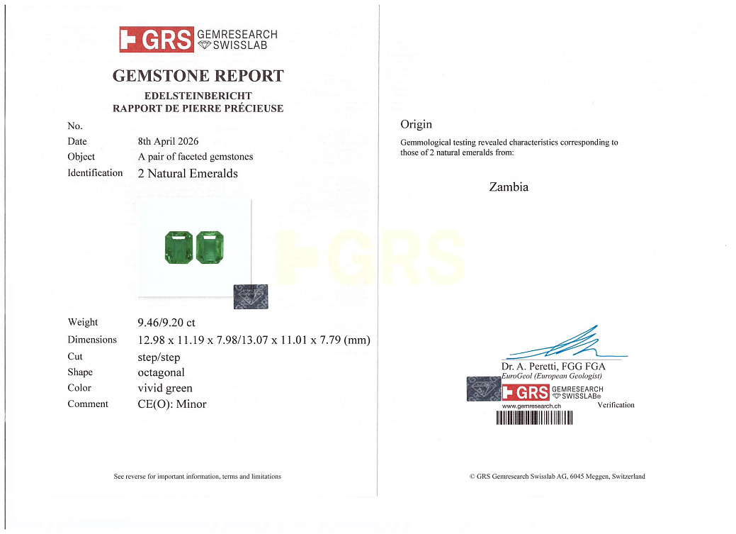 Украшение GRS GemResearch Swisslab  Серьги с изумрудами 9,20/9,46 ct. Vivid Green (Zambia)   