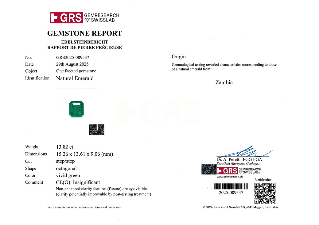 Украшение GRS GemResearch Swisslab  Кольцо С Изумрудом 13,82 Ct. Vivid Green   