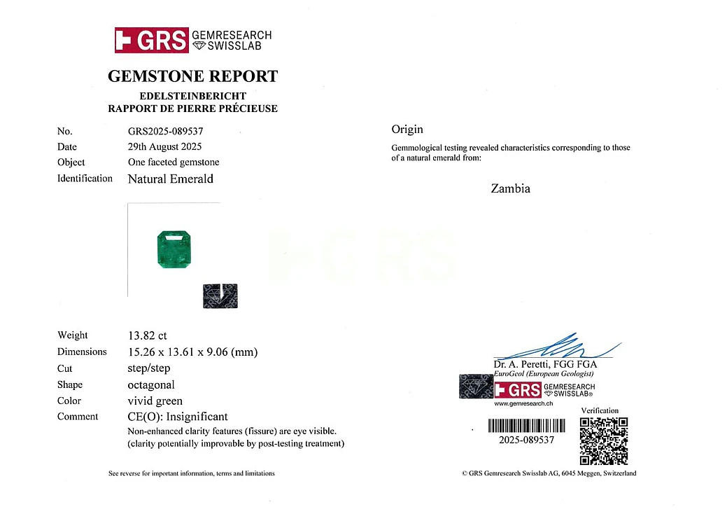 Украшение GRS GemResearch Swisslab  Кольцо с изумрудом 13,82 ct. Vivid Green   