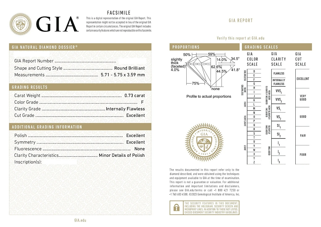 Украшение GIA  Серьги 0,73/0,73 ct. F/Internally Flawless "Round Diamond"   