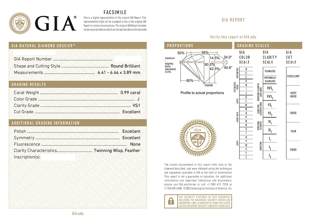 Украшение GIA  Подвеска с бриллиантом 0,99 ct. J/VS1 (3 excellent)   