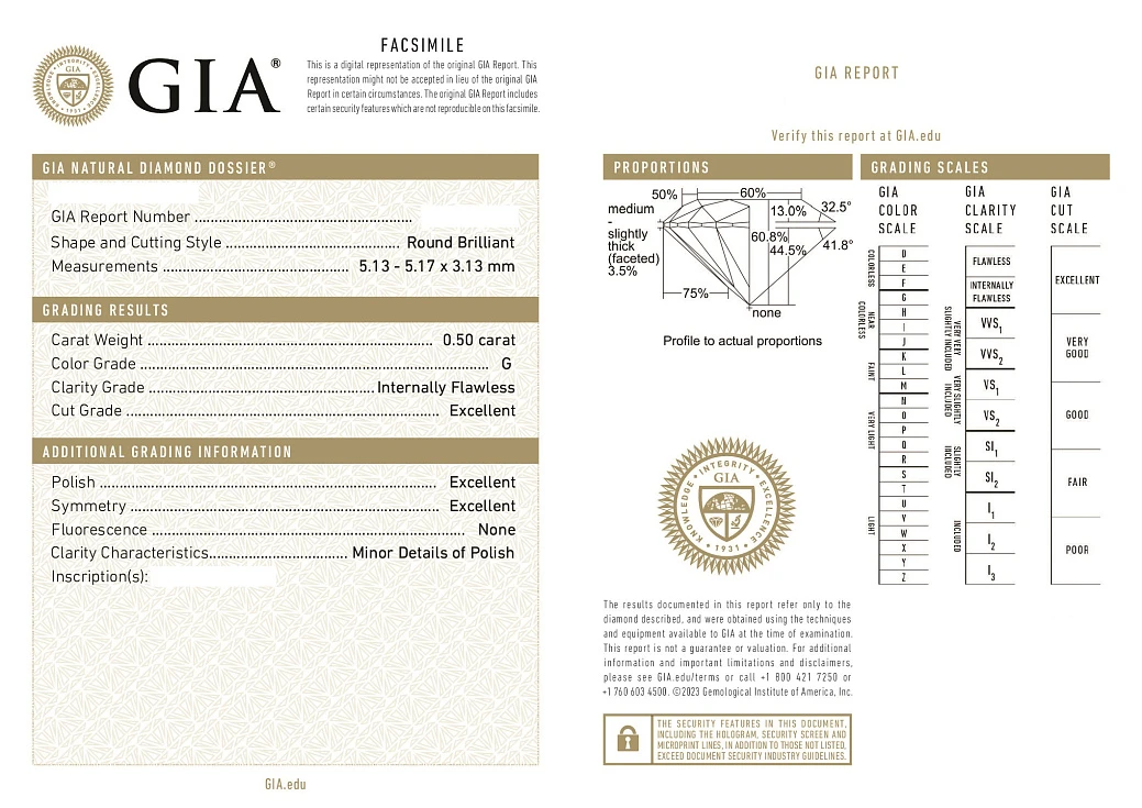 Украшение GIA  Серьги 0,50/0,50 ct. G/Internally Flawless (3 Excellent)   