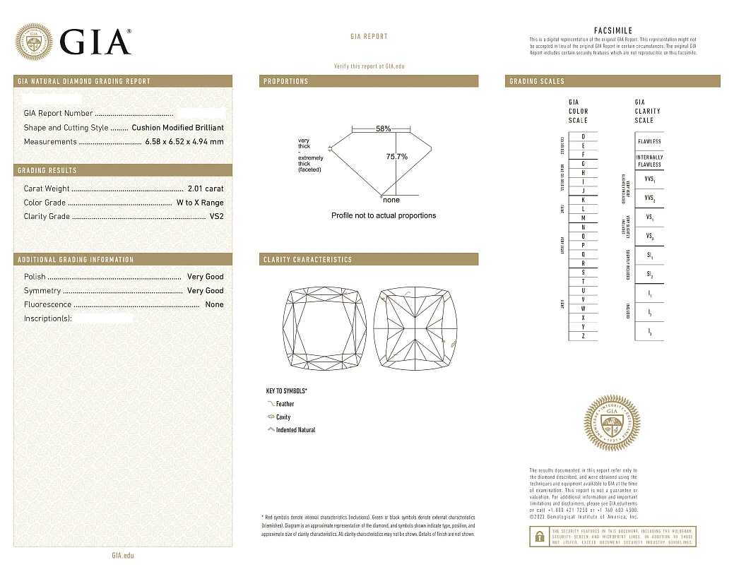Украшение GIA  Кольцо 2,01 ct. W to X Range/VS2 "Cushion Diamond"   