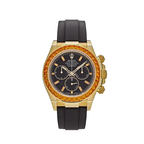Часы Rolex  Тюнинг Daytona 116588Saco Yellow Gold Orange Sapphire Bezel Black Diamond Dial  116588SACO ТЮНИНГ