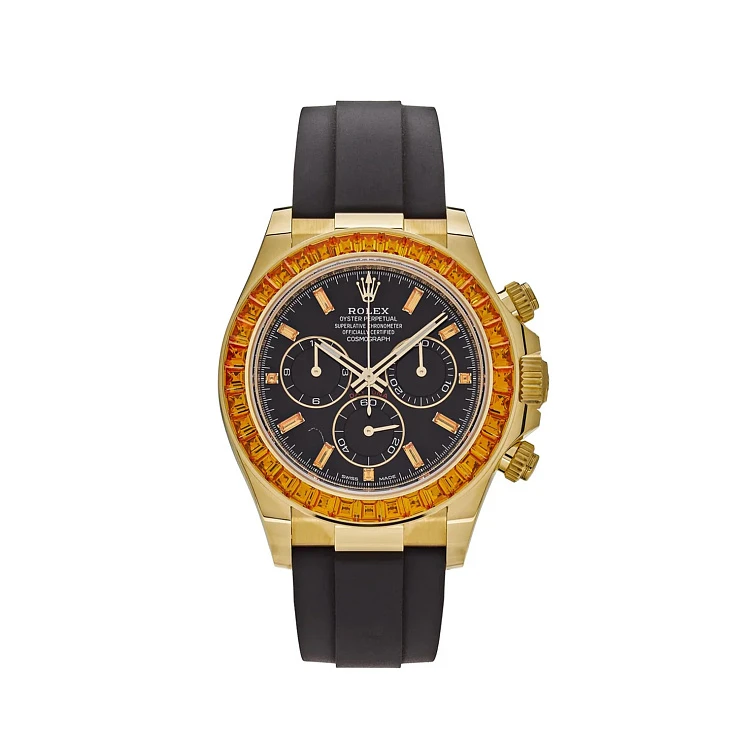 Часы Rolex  Тюнинг Daytona 116588Saco Yellow Gold Orange Sapphire Bezel Black Diamond Dial  116588SACO ТЮНИНГ
