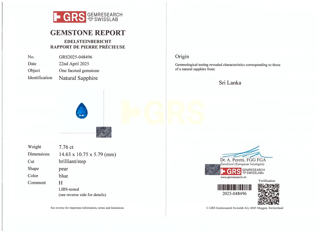 Украшение GRS GemResearch Swisslab  Серьги с сапфирами 7,76/8,12 ct.   
