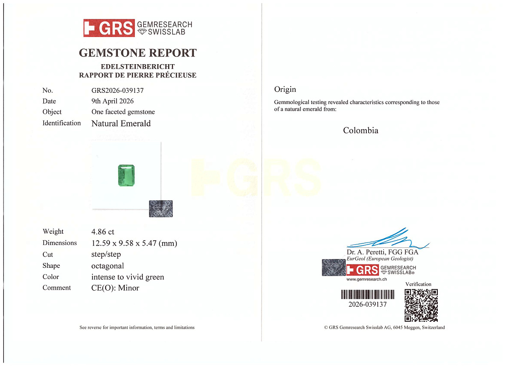 Украшение GRS GemResearch Swisslab  Кольцо с изумрудом 4,87 ct. Vivid Green (Colombia)   