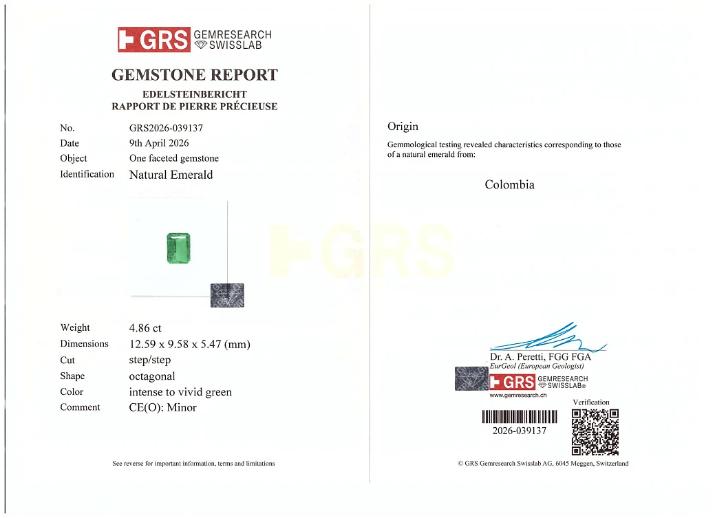 Украшение GRS GemResearch Swisslab  Кольцо с изумрудом 4,87 ct. Vivid Green (Colombia)   