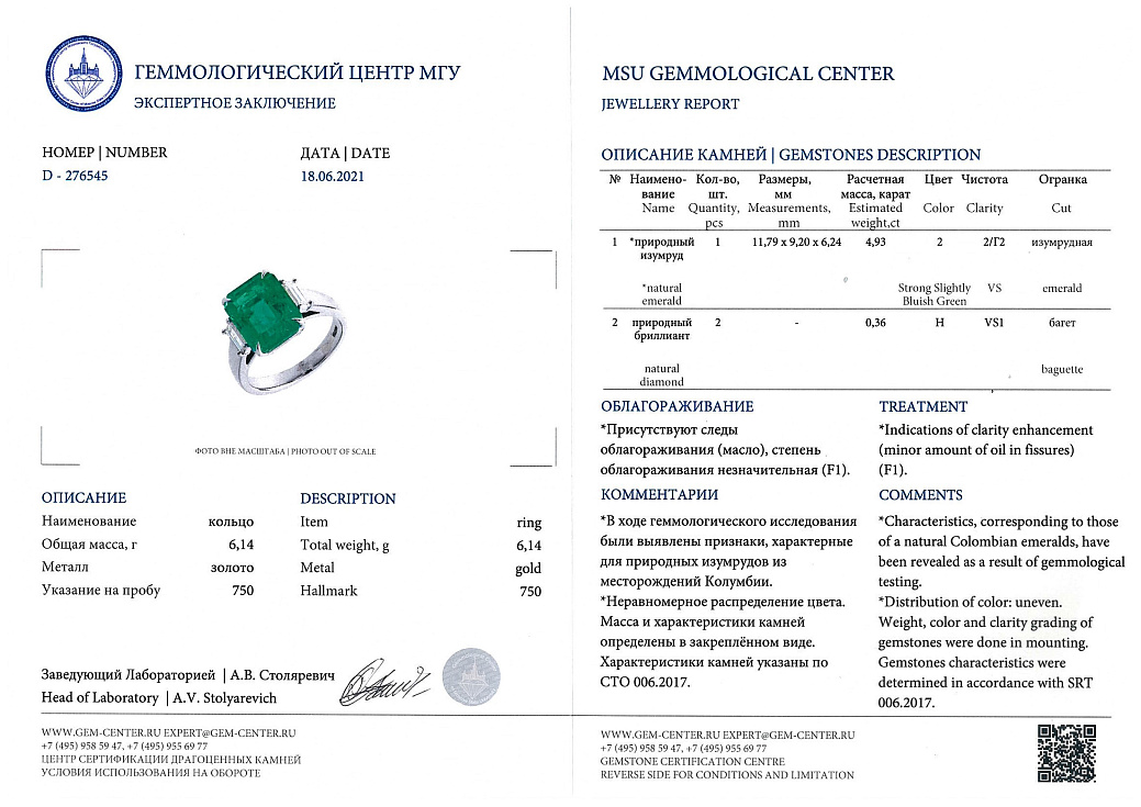 Украшение NO NAME  Кольцо С Изумрудом 4,93 Ct.   