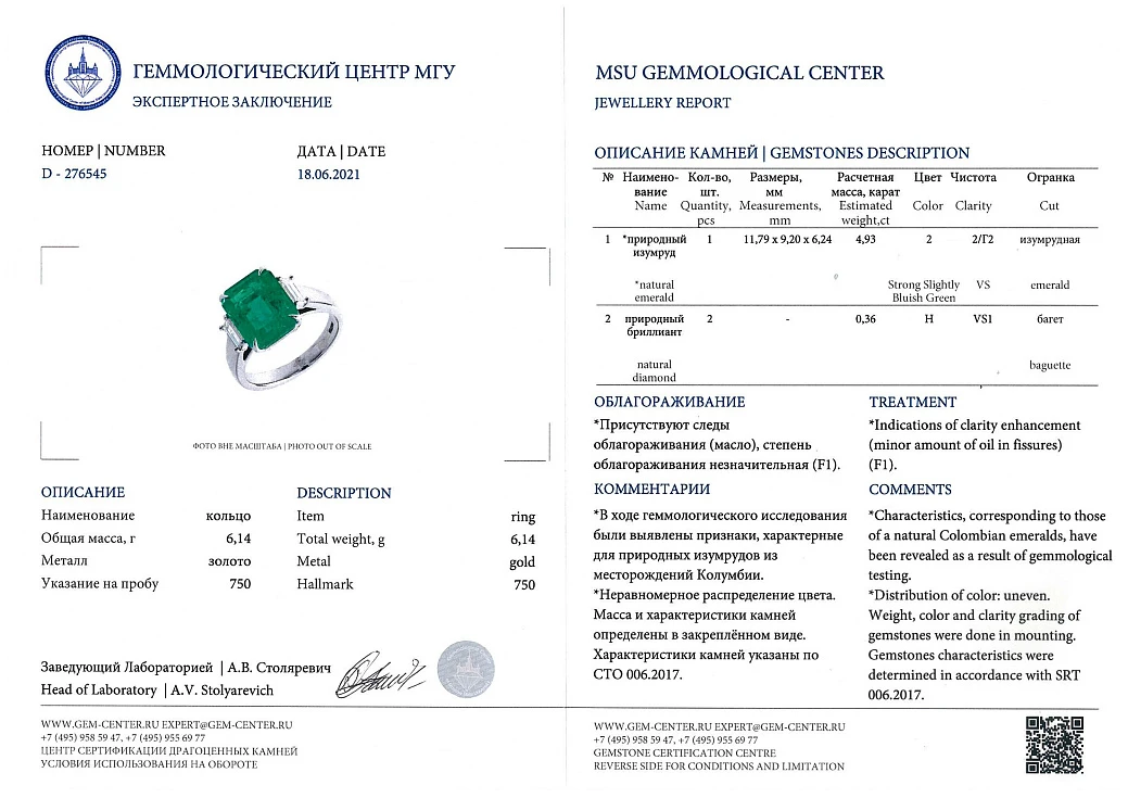 Украшение GIA  Кольцо С Изумрудом 4,93 Ct.   
