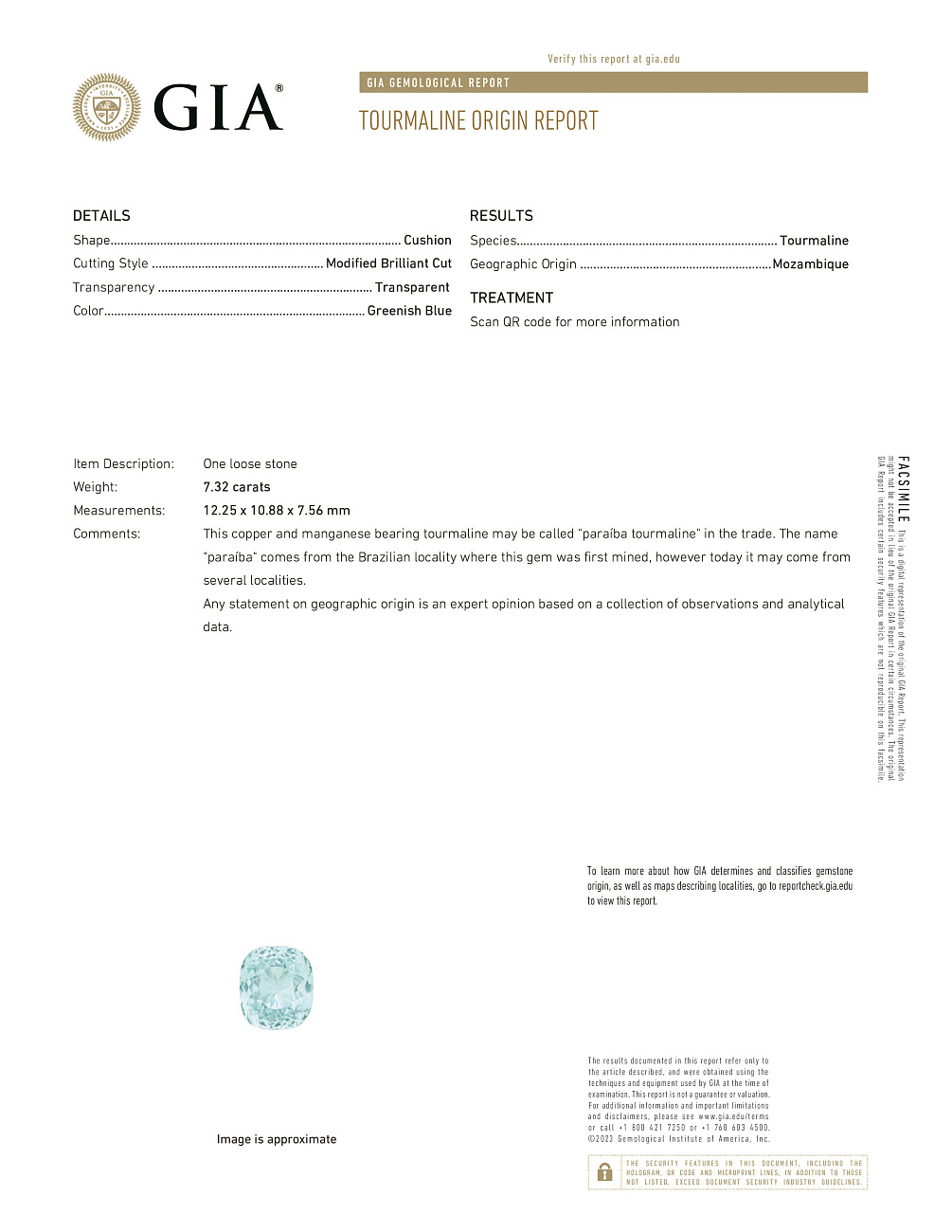 Украшение GIA  Кольцо с турмалином "Параиба" 7,32 ct.   