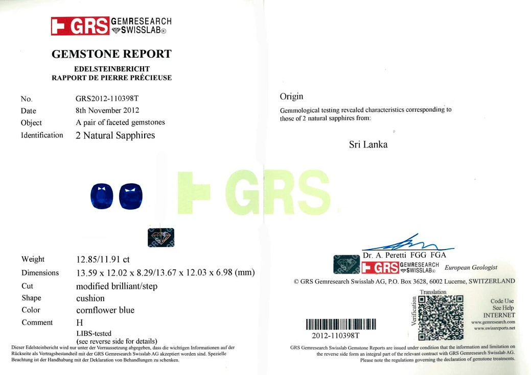 Украшение GRS GemResearch Swisslab  Серьги с сапфирами 12,82/11,91 ct. Cornflower Blue   