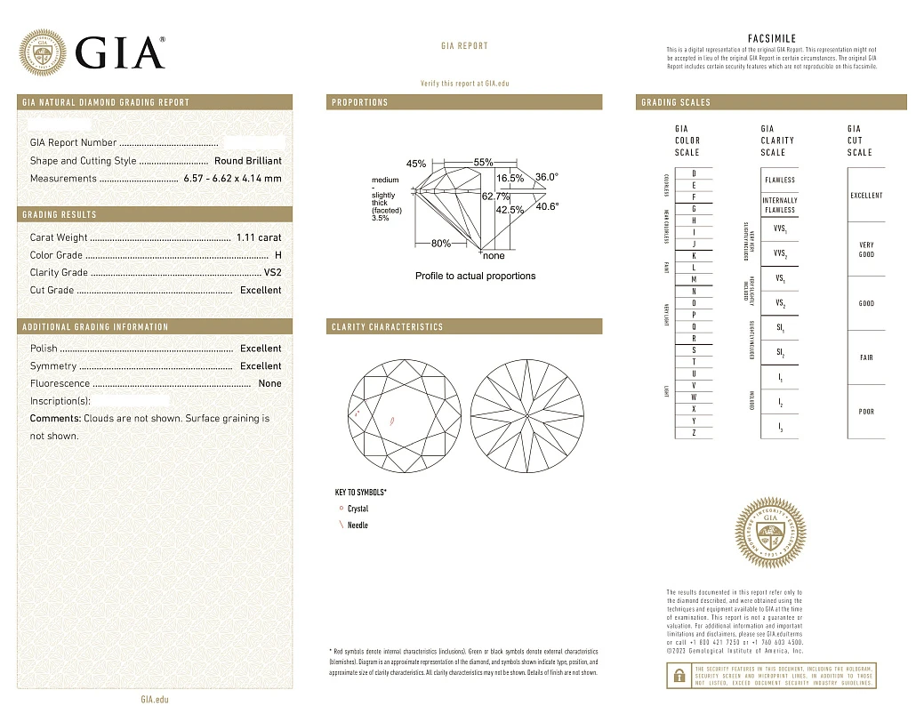Украшение GIA  Серьги 1,11/1,11 ct. H/VS2 (3 excellent) Round Diamonds   