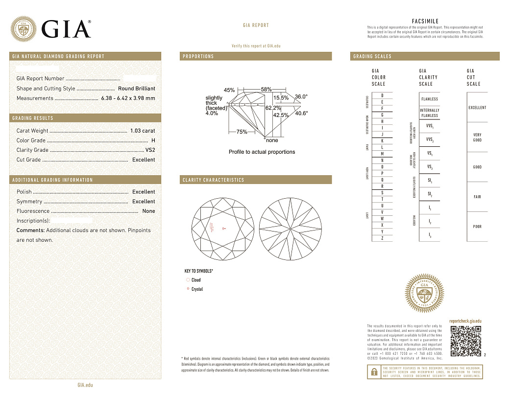 Украшение NO NAME  Серьги 1,03/1,03 Ct. H/Vs2 (3 Excellent)   