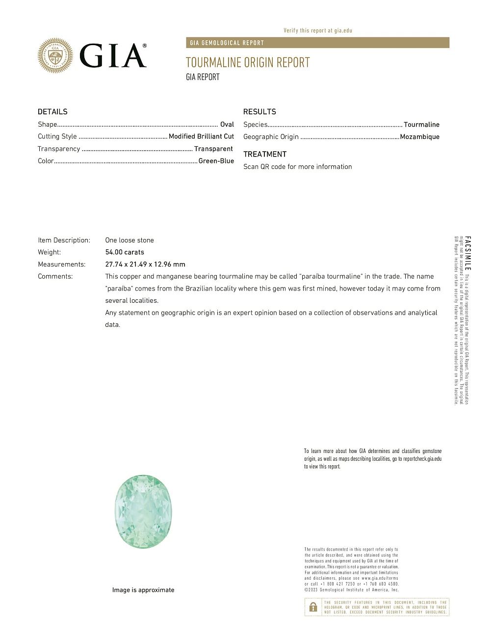 Украшение GIA  Колье с турмалином "Параиба" 54,00 ct.   