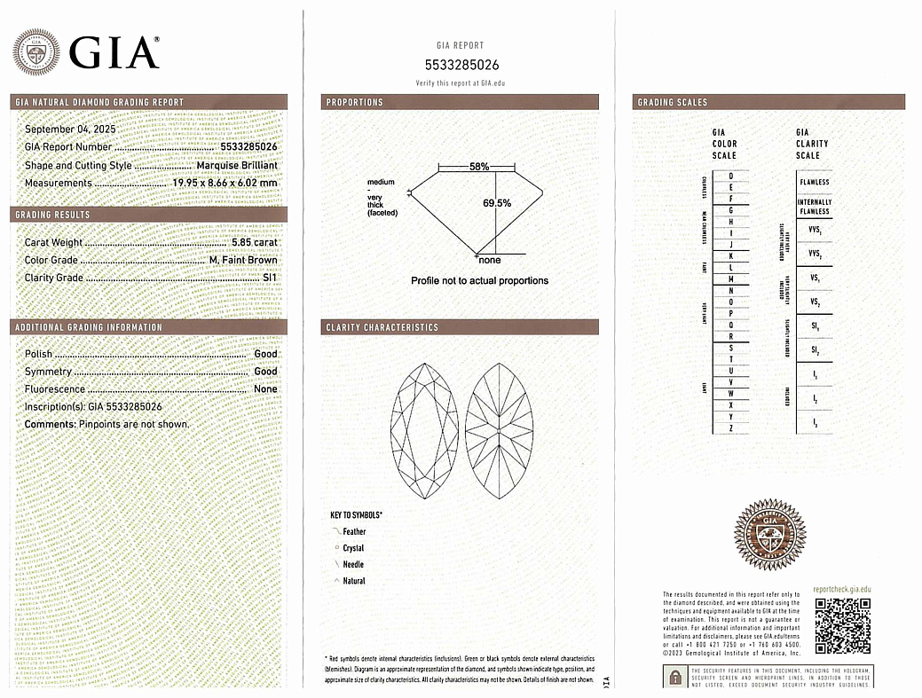Украшение GIA  Кольцо с бриллиантом 5,85 ct. M,Faint Brown/Si1   