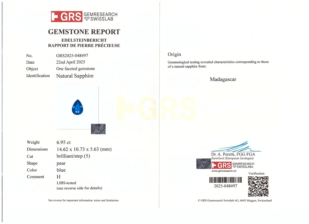 Украшение GRS GemResearch Swisslab  Кольцо с сапфиром 6,95 ct.   