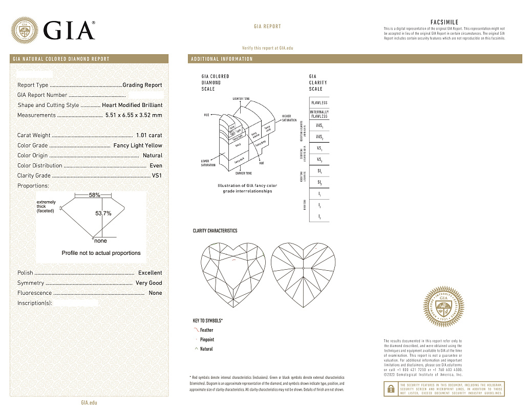 Украшение GIA  Кольцо 1,01 ct. Fancy Light Yellow/VS1 (Heart Diamond)   