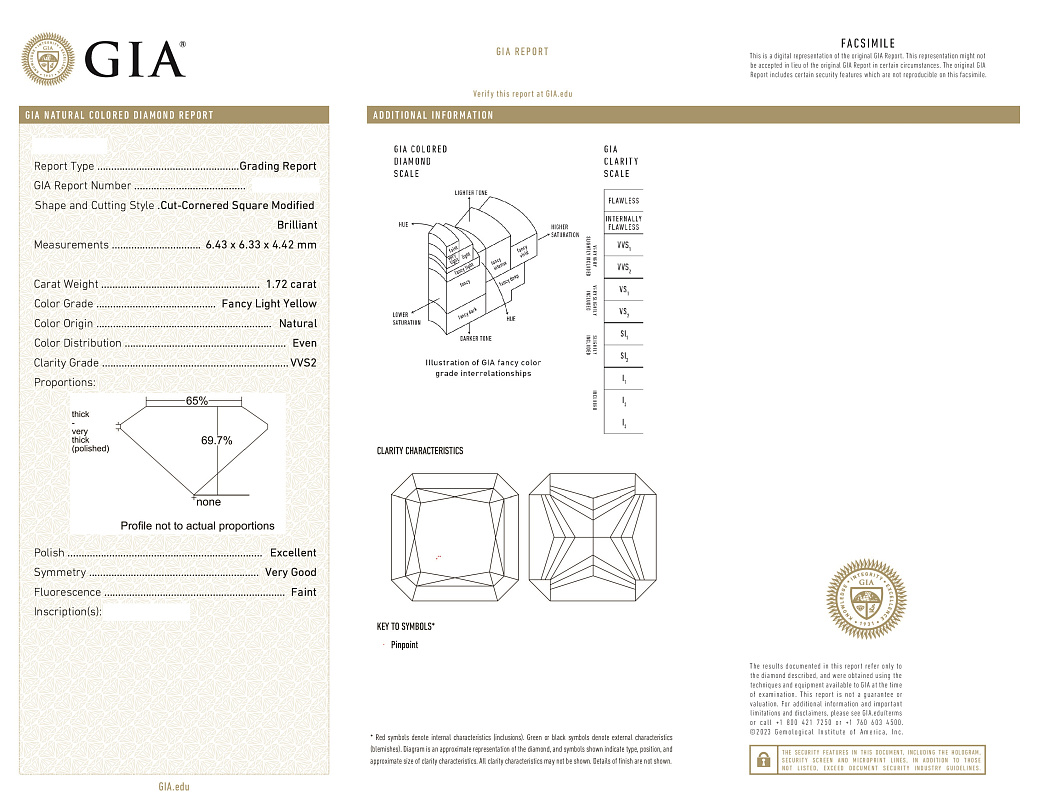 Украшение NO NAME  Кольцо 1,72 ct. Fancy Light Yellow/VVS2   