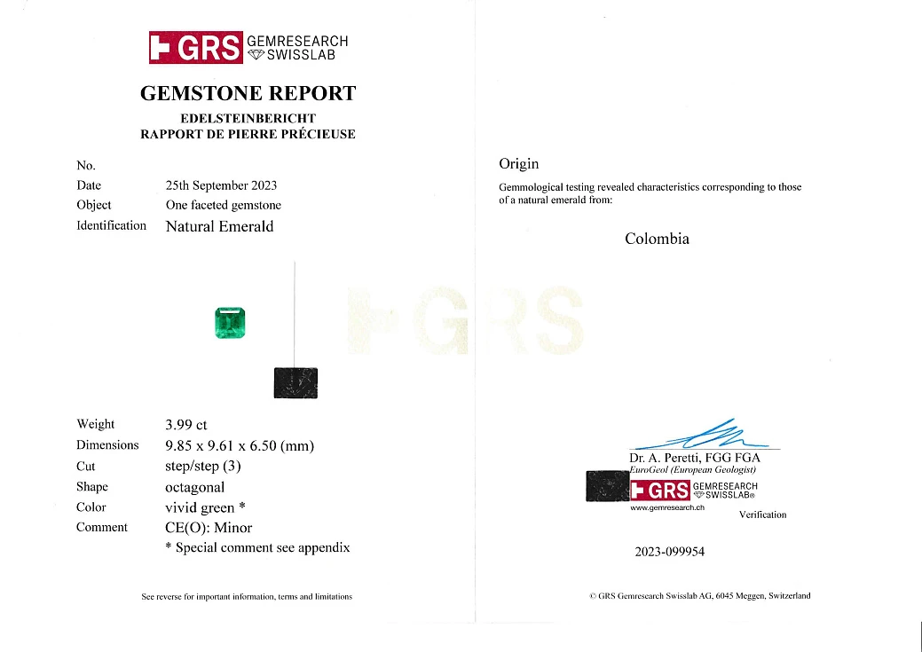 Украшение GRS GemResearch Swisslab  Кольцо с Изумрудом 3,99 ct. "Muzo Green" Colombia   