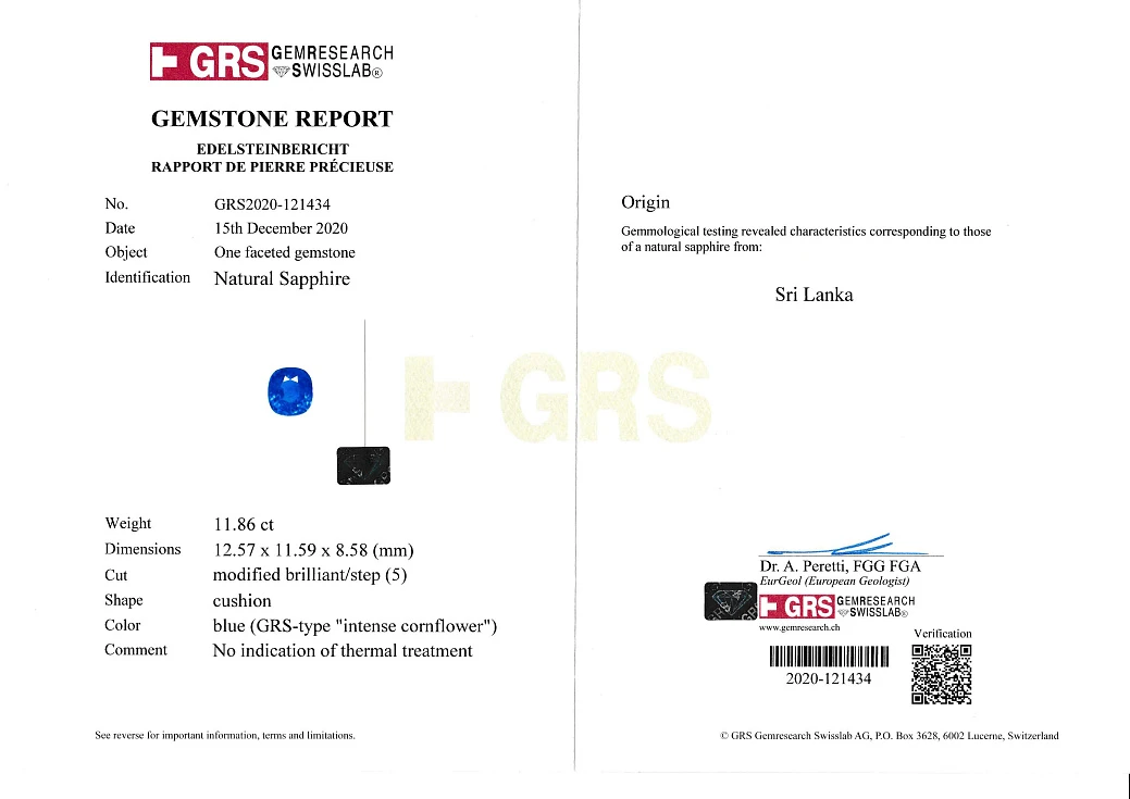 Украшение GRS GemResearch Swisslab  Кольцо с сапфиром 11,86 ct. "Intense Cornflower"   
