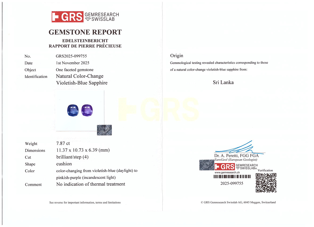 Украшение GRS GemResearch Swisslab  Кольцо с сапфиром со сменой цвета 7,87 ct.    