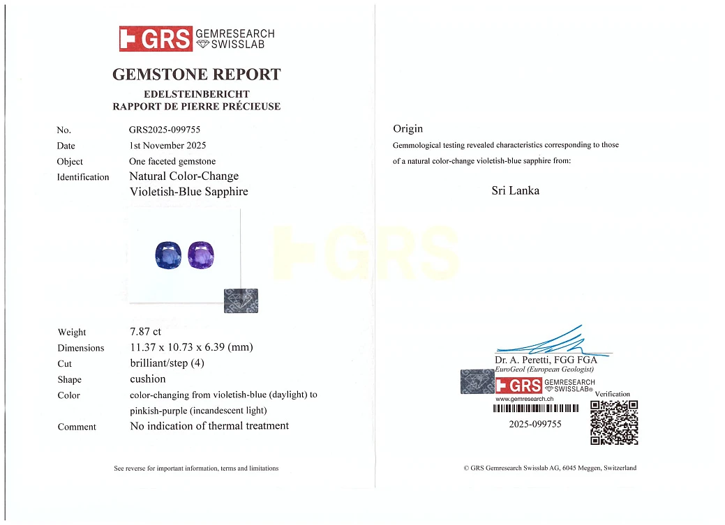 Украшение GRS GemResearch Swisslab  Кольцо с сапфиром со сменой цвета 7,87 ct.    